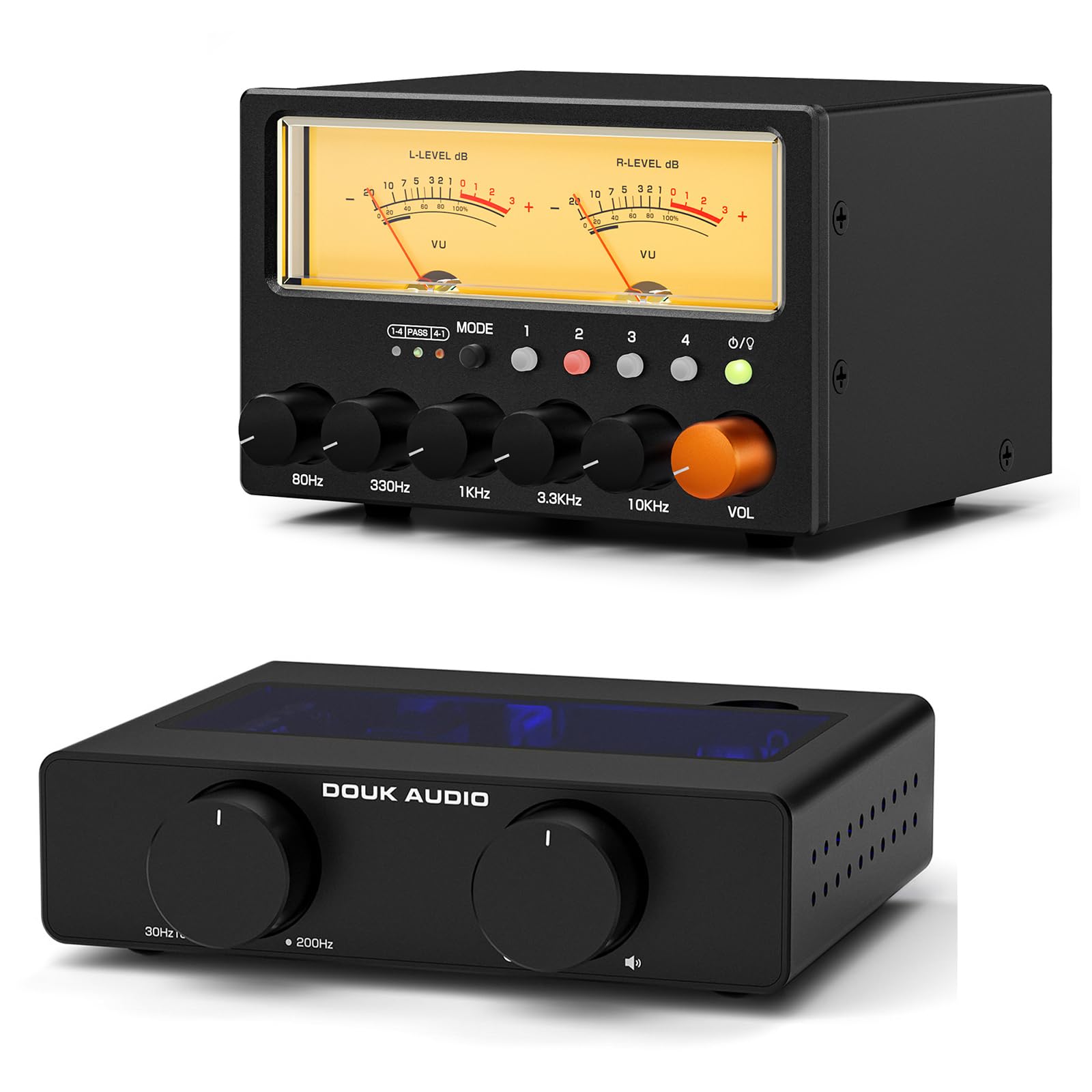 Pack HiFi Nobsound A5 & D5 : 2 amplificateurs TPA3255 de 300 W avec Filtre Passe-Haut/Contre-réaction + sélecteur Audio 4 Positions avec égaliseur et vumètre | Kit Complet pour Bureau et Home cinéma