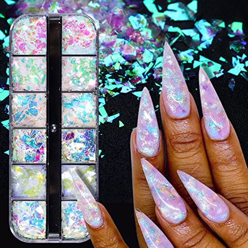 12 Grids Mermaid Nail Art Glitter 3D Holographic Nail Foil Flakes Iridescent Glitter Nail Sequins Laser Nail Decals Gradient Ice Through Nail Glitter Flake For Women Girls Diy Manicure Decorations #TOP2