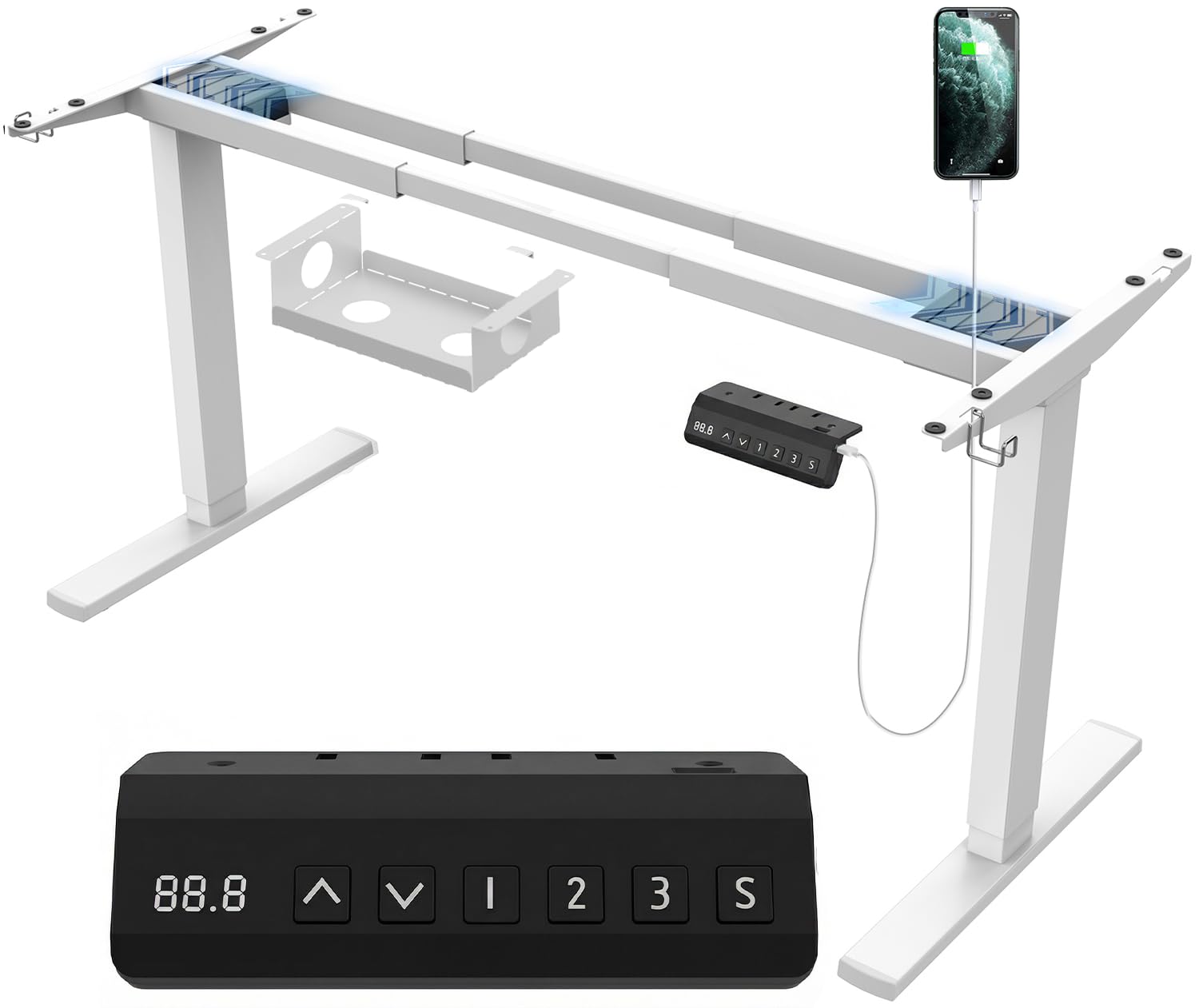 JUMMICO Dual-Motor Tischgestell Höhenverstellbar mit 3 Speicherhöhen | Type-C, Kabelbox und Rollen, Elektrisch Höhenverstellbarer Schreibtisch Gestell mit 100KG Tragkraft für Büro, Weiß