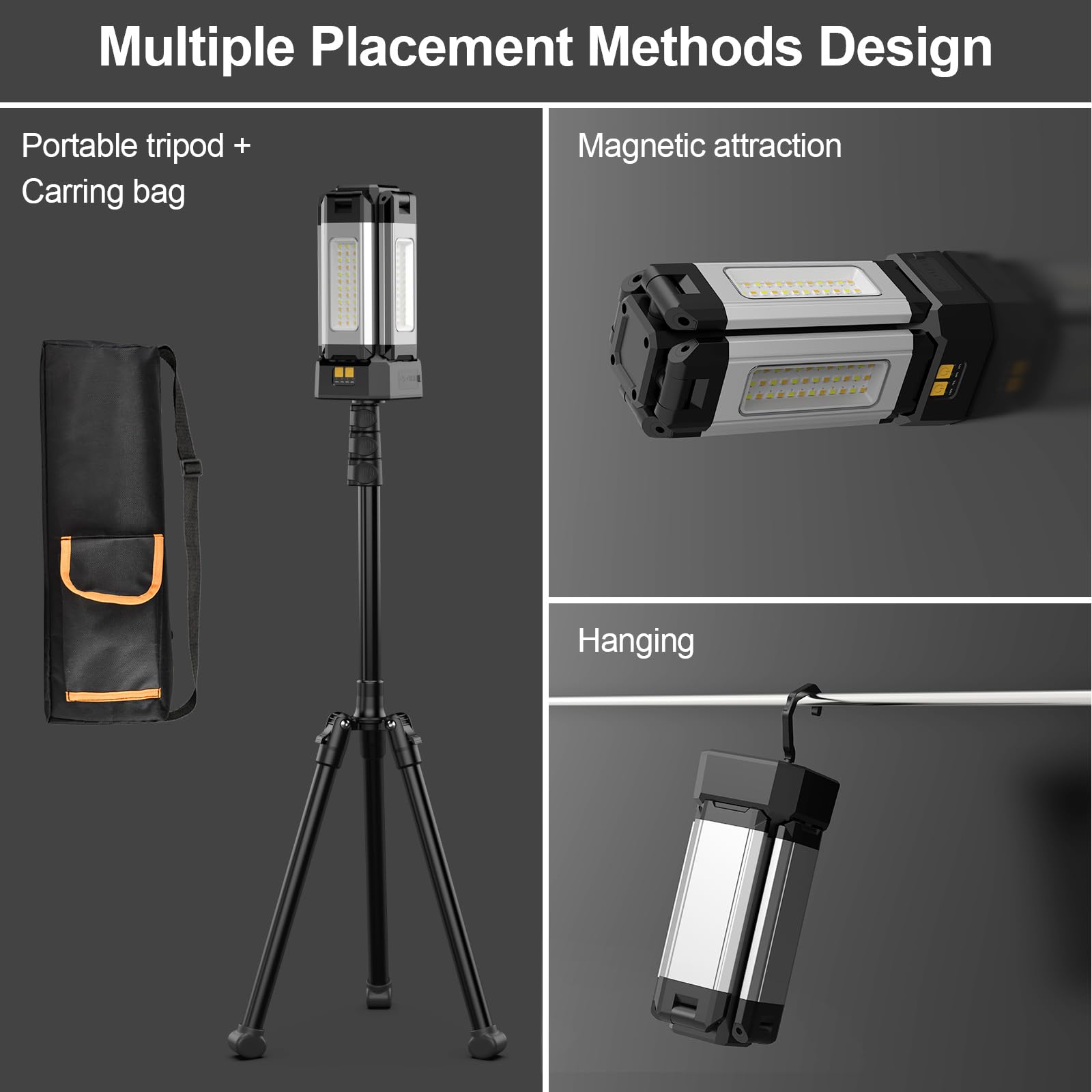 Faretto a Batteria Ricaricabile in Alluminio da 13200 mAh, con Supporto Pieghevole e Borsa per il Trasporto, Faro da Cantiere 8000 Lumen Dimmerabile