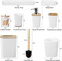 Vista 7 de Juego de 9 accesorios de baño, color blanco, hueco, cubo de basura, soporte y recipiente de cepillos de dientes, dispensador de jabón, bandeja