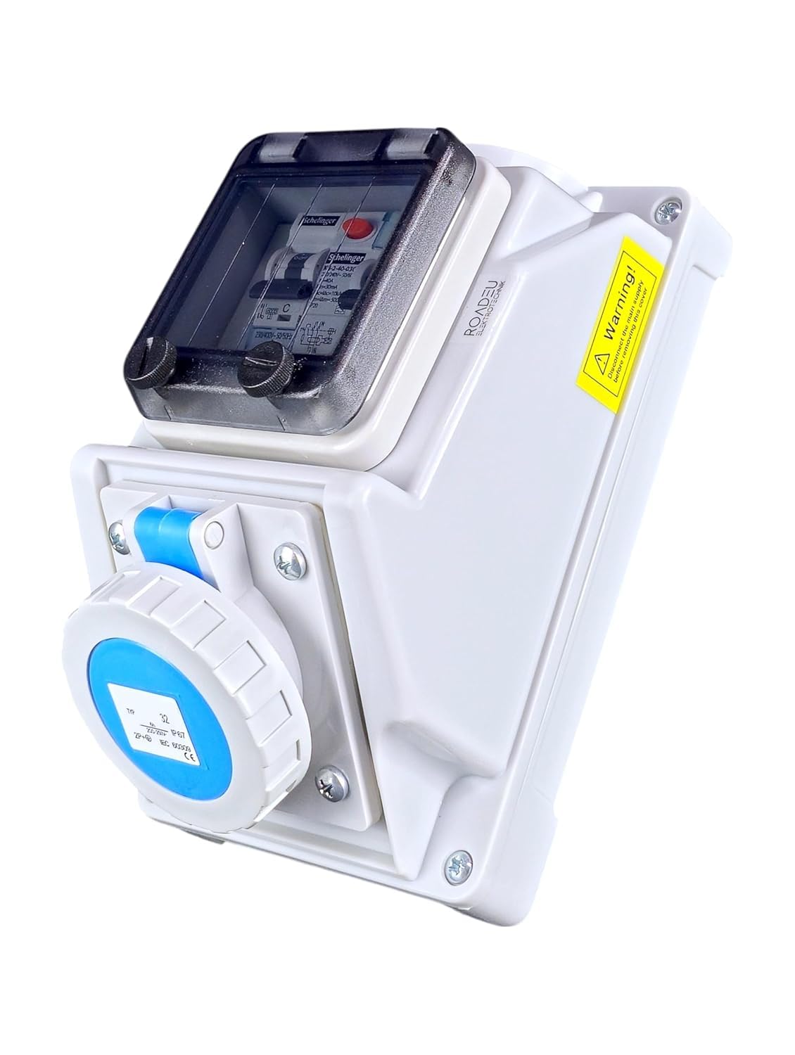 RoadEu – CEE 32A Socket with RCD Circuit Breaker – 230V 3P Single-Phase Outdoor Wall Socket with 32A MCB – IP66 Waterproof & Dustproof – Ideal for Industrial and Outdoor Use