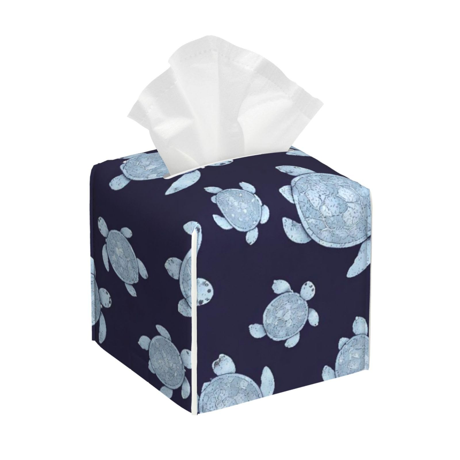 Sea Turtle Blue Leather Tissue Box Cover Holder Square Facial Paper Organizer 5.2" X 5.2" X 5.2"