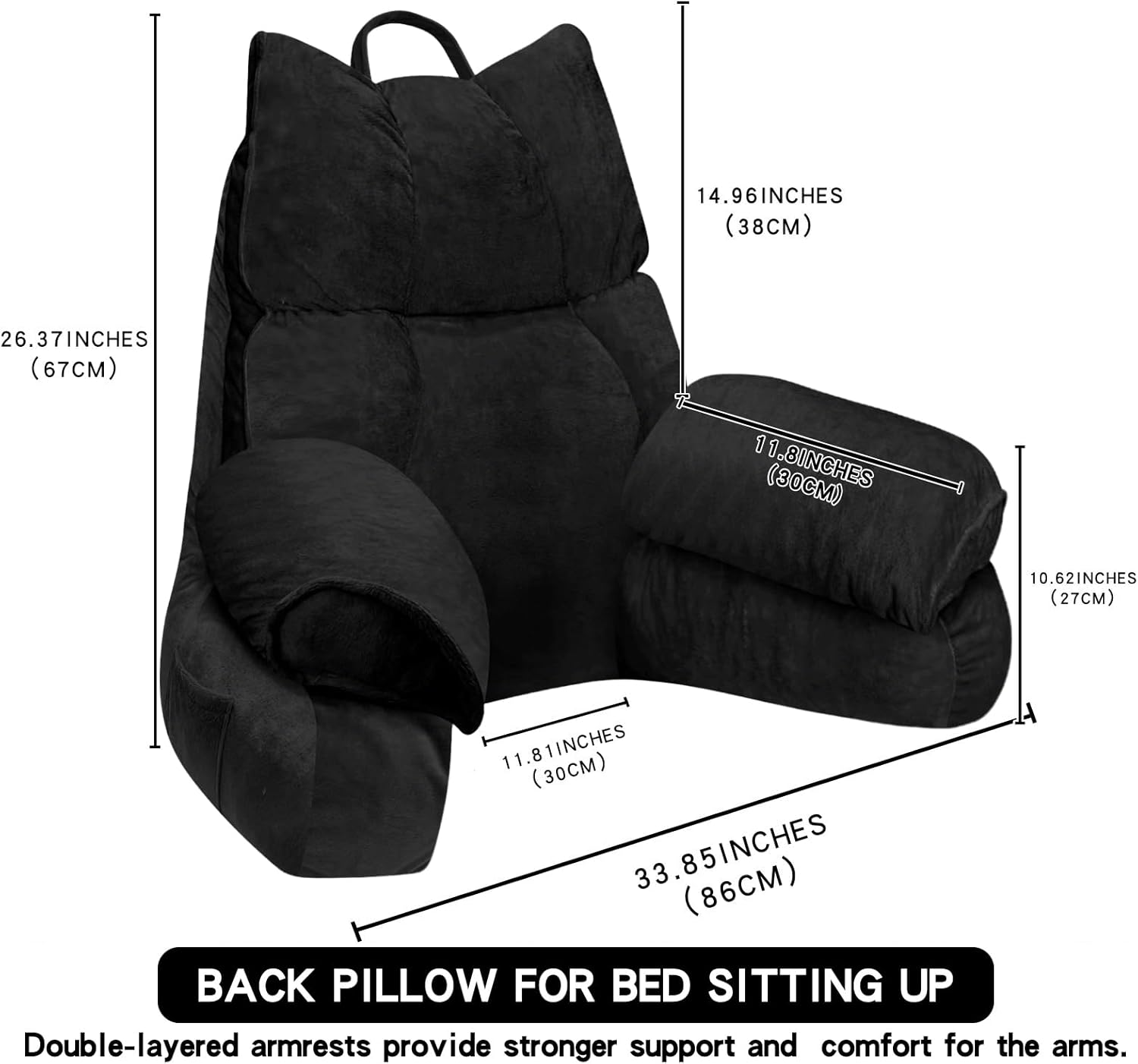 RRPAHWTV Reading Pillow for Bed with High Arm Rests,Back Support Pillow for Sitting Up in Bed with Shredded Memory Foam for Reading, TV, Gaming or Relaxing on Floor（Dark Black, Large）