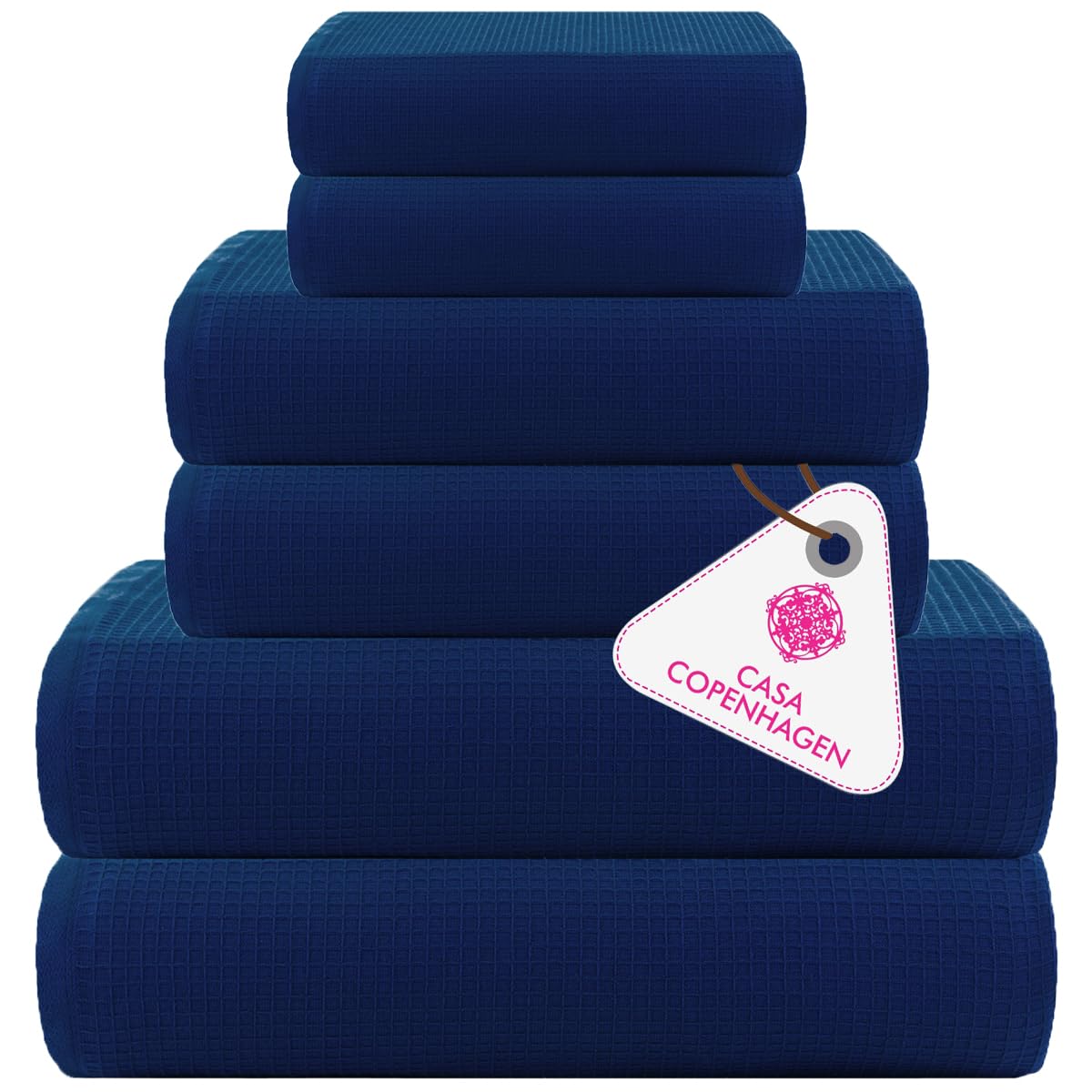 Casa Copenhagen Juego de 6 Toallas de baño, 600 g/m², Azul Marino | Waffle 100% algodón egipcio puro para baño, cocina y ducha: 2 toallas baño, 2 de mano, 2 paños (set regalo mujer y hombre)