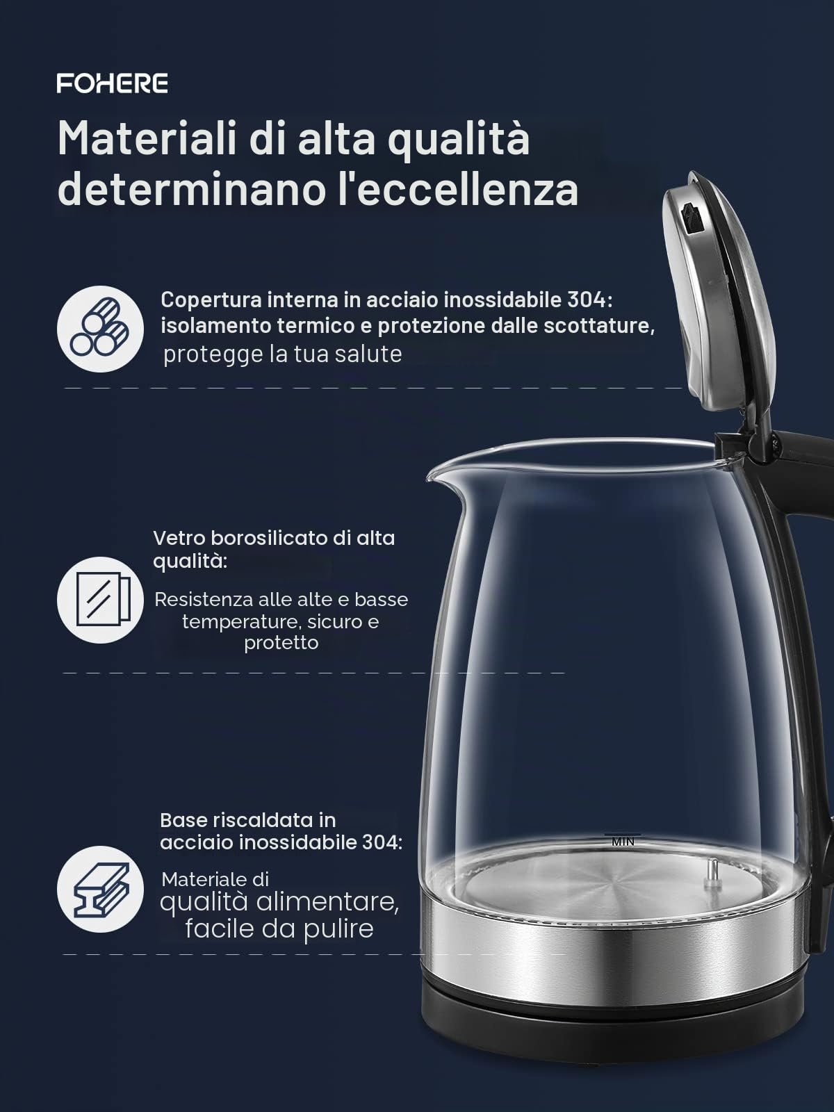 FOHERE Bollitore elettrico con regolazione della temperatura, bollitore elettrico in vetro e acciaio inox, funzione di mantenimento al caldo, senza BPA