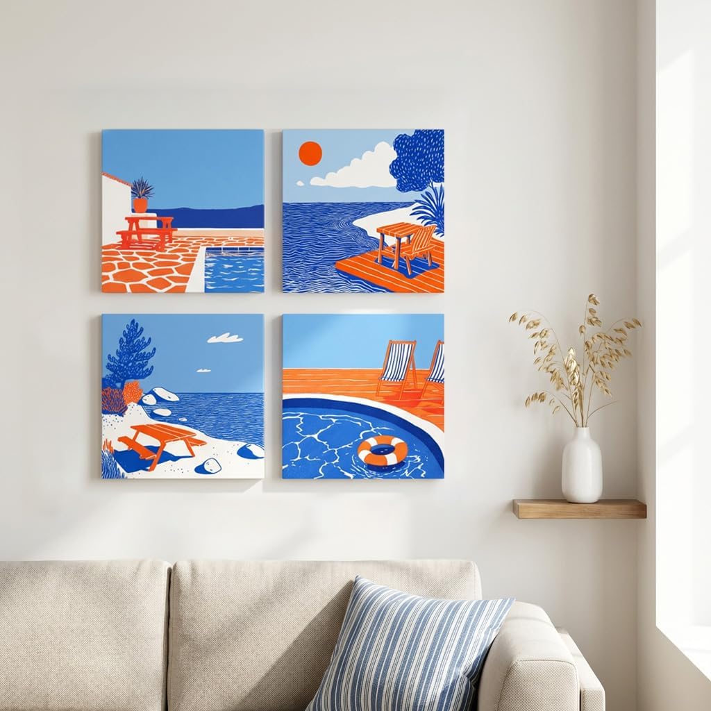 Artiluxy Coastal Canvas Wall Art Set of 4, 12x12 Inch Blue Ocean Nautical Wall Decor, Sea Life Beach Wall Art for Bathroom Living Room Beach House, Gallery Wrapped Canvas Prints Ready to Hang (White)