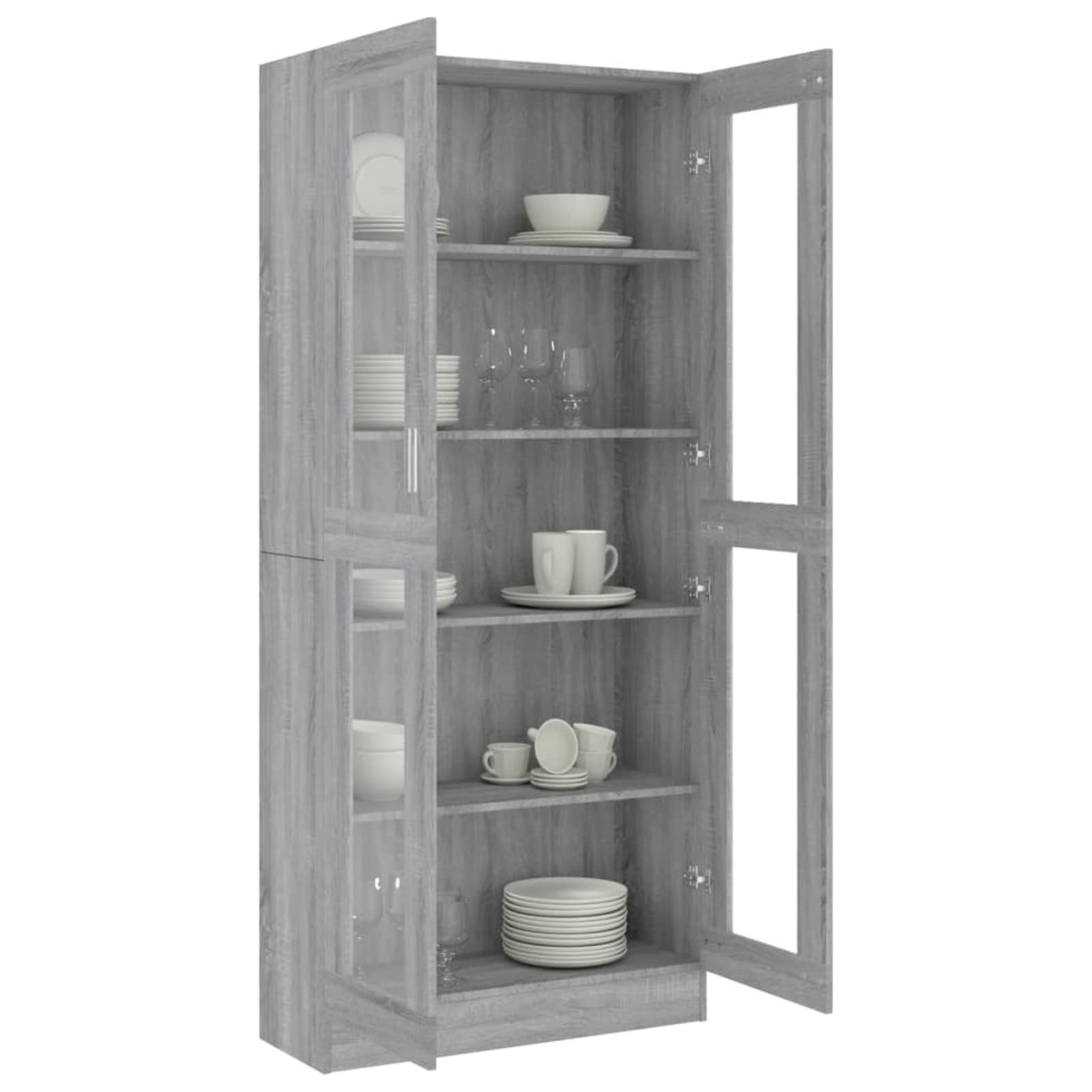 Gecheer Vitrina Salón Aparador de Cocina Armario de Almacenaje Estantería Librería Alta Con 2 Puertas de Vidrio Multiuso, Gris Sonoma 82,5x30,5x185,5 cm