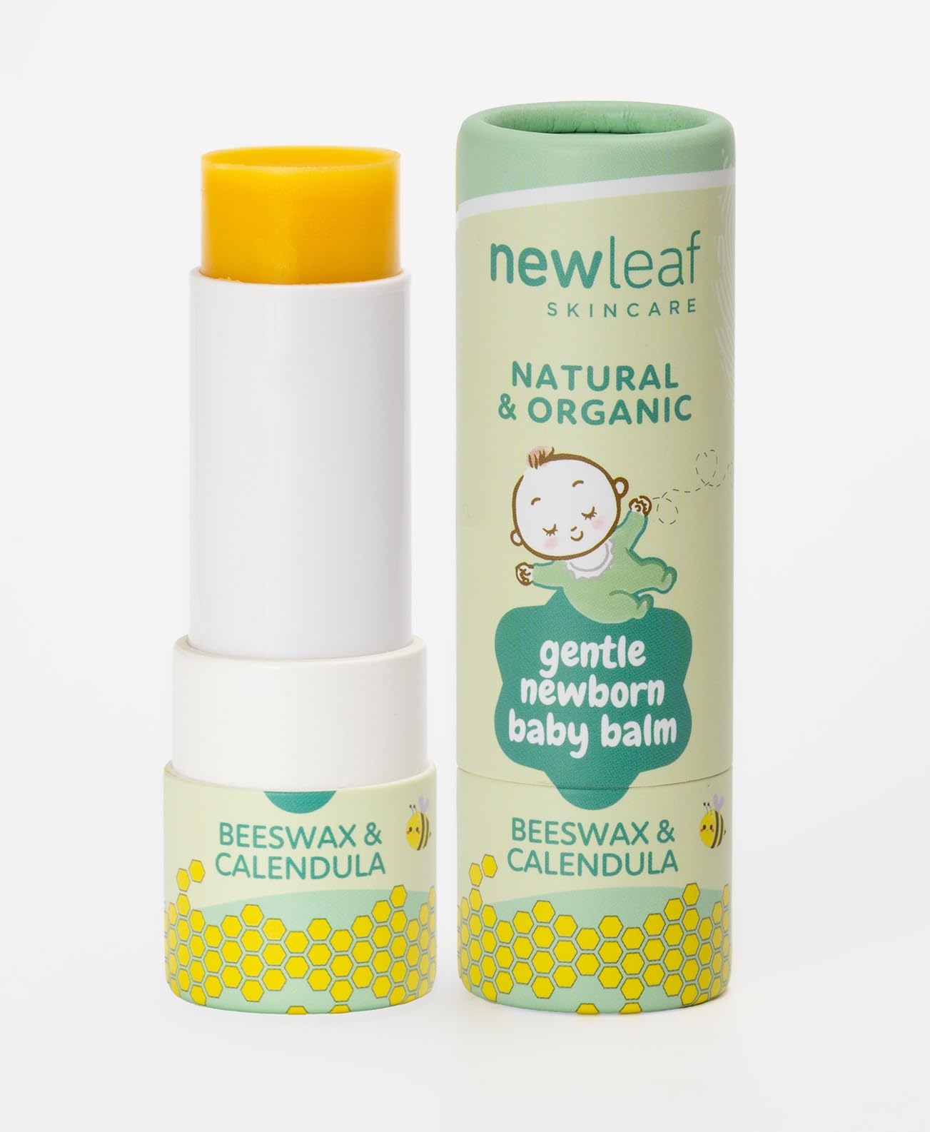Organic & natural Gentle Newborn Baby Balm. 100% Natural premium ingredients; beeswax, calendula. Mineral oil free. For chapped cheeks, dribble chin, dryness from cold weather & swimming