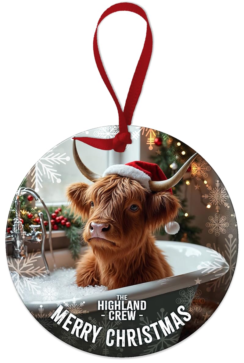 Round Metal Dangler Ornament Sign (75 mm Diameter) - The Highland Crew (Xmas Highland Cow in Bath)