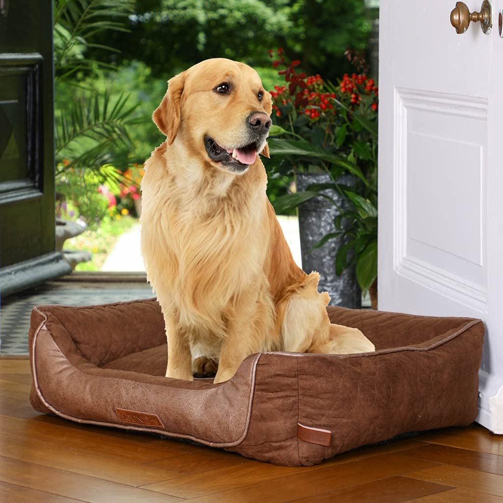 Medium Dog/Puppy Sofa Pet Bed, Quilted Brown Dog Bed with Faux Leather Panel (60x50x20cm)