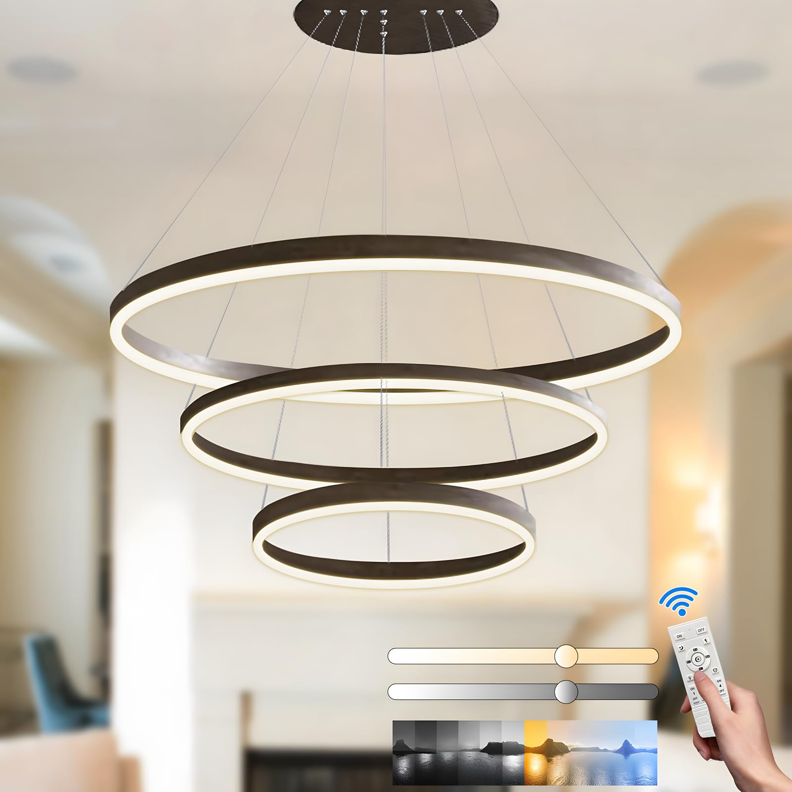 Nowoczesny Okrągły Żyrandol Led DIY | 3 Brązowy Pierścienie, ∅40+60+80cm=90W，H200cm Wysokość Nastawny, Metalowy + Akrylowy, Ściemniany Pilotem Okrągła Lampa Wisząca Sufitowa, Salon Sypialnia