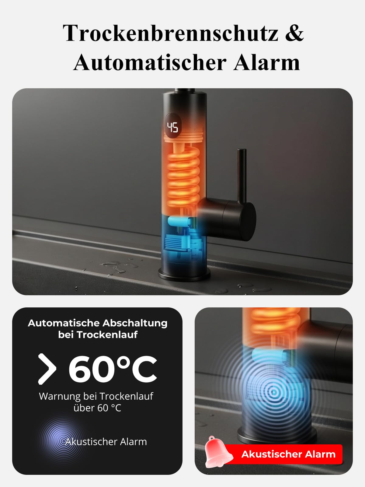 Elektrische Wasserhahn mit Durchlauferhitzer Küche, 2 Strahlarten, Schwarz | Elektrischer Küchenarmatur mit Flexibler Auslauf und LCD Temperaturanzeige, 360º Swivel Elektrischer Wasserhähne