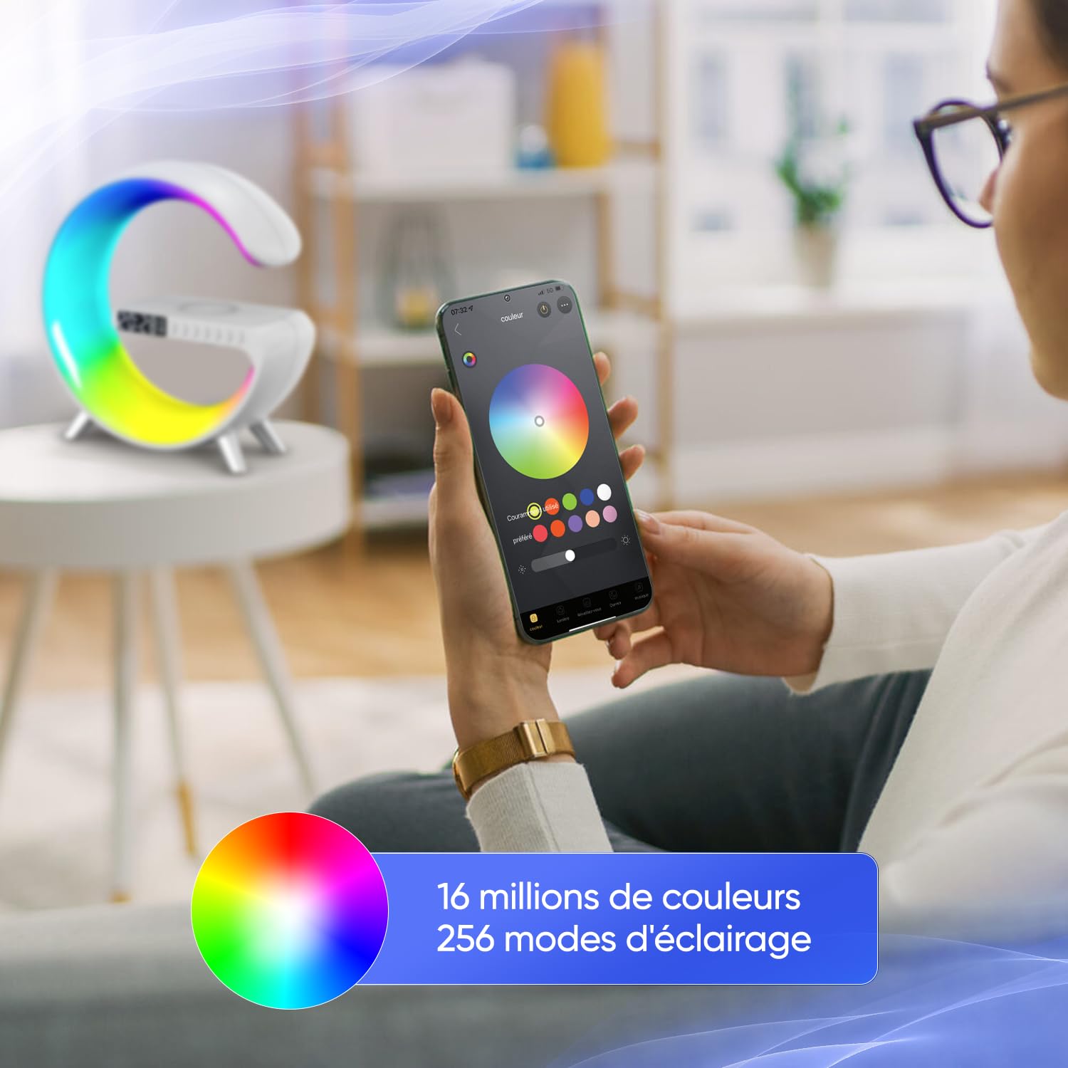 Lampe d’Ambiance 3-en-1,Réveil Lumineux,Haut-Parleur Bluetooth,Chargeur Sans Fil & Lumière LED 16M Couleurs Contrôlable par App,déale Chambre,Salon,Bureau,Cadeau de Noël Homme/Femme/Enfant