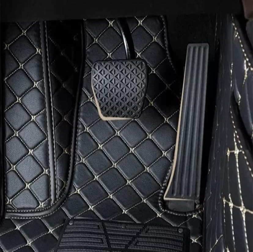 Image of NCEHEAL 7D Compatible with Honda BRV Custom Fitted Faux Leather 7D Antiskid Car Floor Mats - Black with Beige Thread