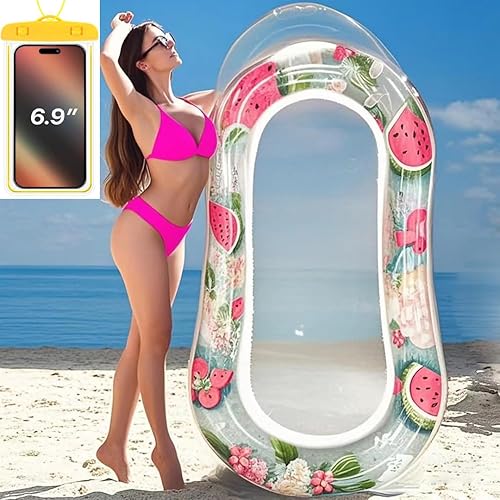 Tumbona inflable para piscina con malla, hamaca de natación para adultos, diseño transparente de sandíafresas, reposacabezas integrado, relleno de