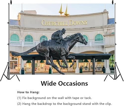 Miniatura 4 de YongFoto Churchill Downs - Telón de fondo de 10 x 8 pies, estatua de carreras de caballos Derby de Kentucky, fiesta de carreras de caballos, amante