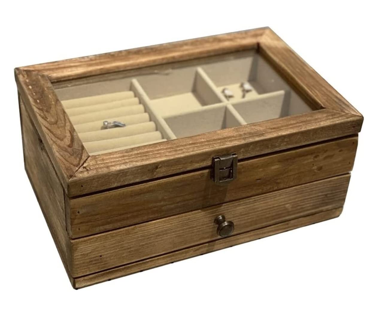 Pudełko na biżuterię pudełko na biżuterię organizer na biżuterię pudełko na biżuterię lite drewno retro postarzane drewniane pudełko na biżuterię z przezroczystą pokrywką dwuwarstwowe etui