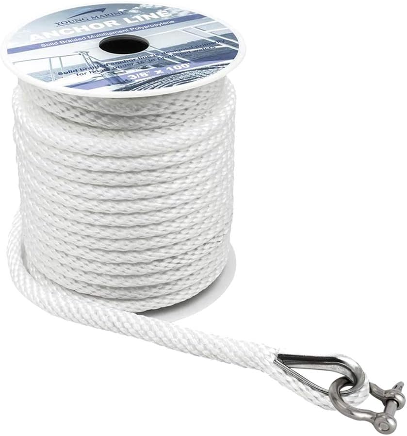 Young Marine Premium Solid Braid MFP Anchor Line Braided Anchor Rope/Line 3/8 Inch 100FT with Stainless Steel Thimble & Shackle (3/8" x 100', White)