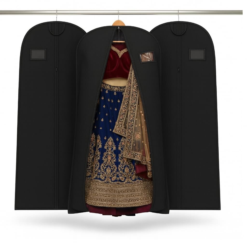 G. Global Trade 72″ Gusseted Wedding Lehenga Storage Bags Travel Garment Storage Bag for Wedding Gown Long Dress Bridal Zipped Non Woven Fabric – Pack of 3 (Black)