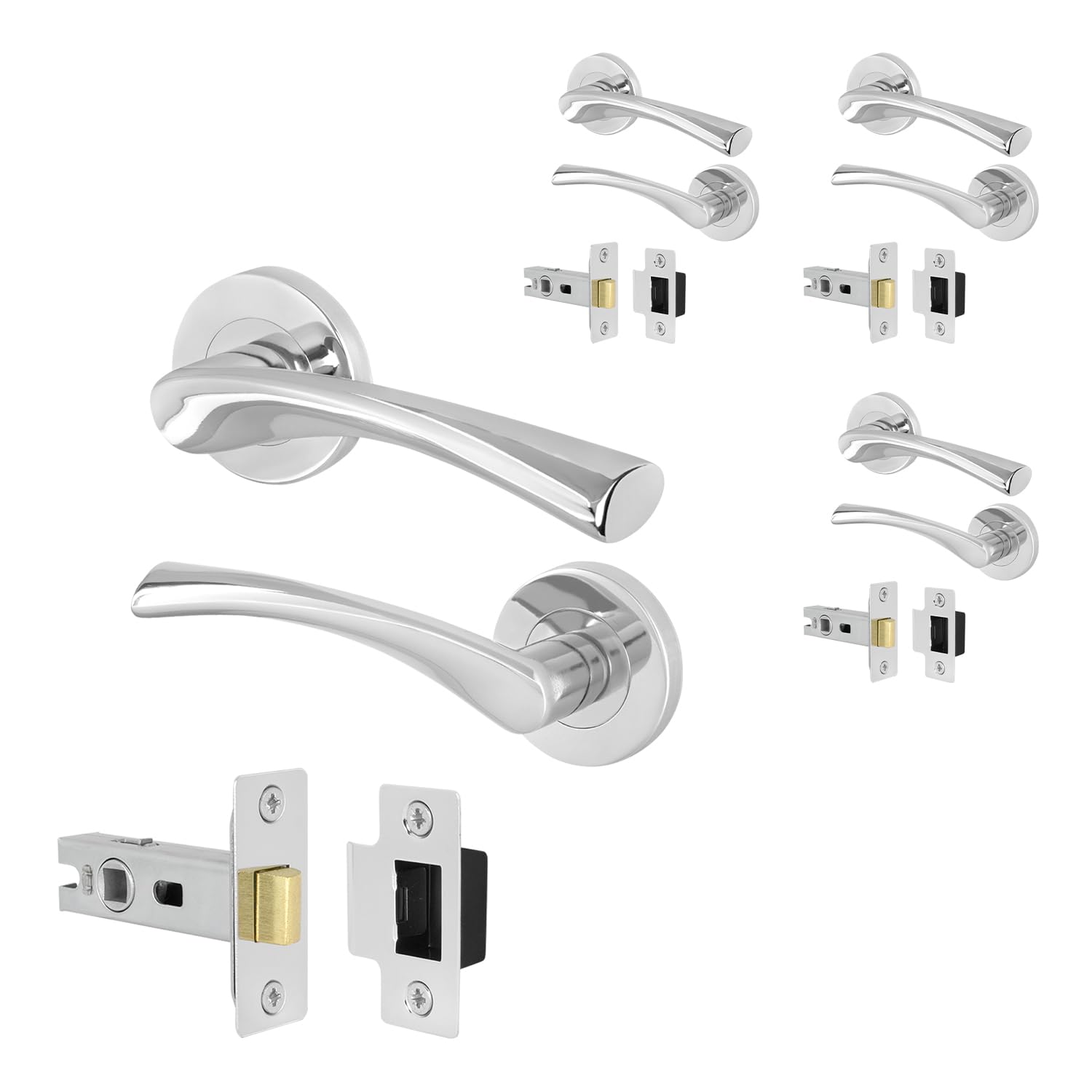 EAI Chrome Door Handle Latch Set - Pack of 4 | Round Internal Door Handles & Latch (64mm) | Polished Chrome Lever on Rose Novoli Range โ image 1