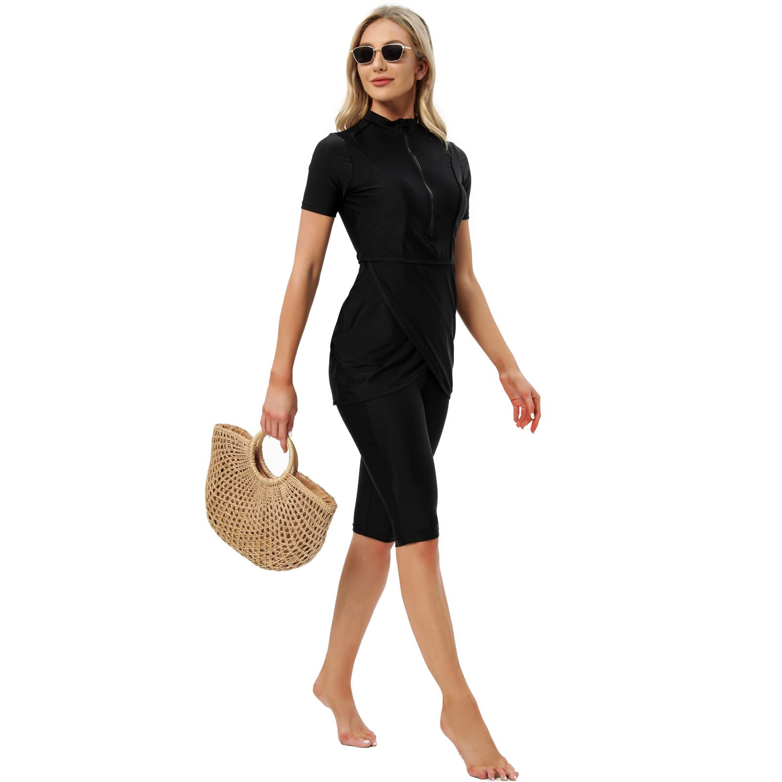 Odizli Maillot de bain musulman Modest pour femme - Maillot de bain islamique à manches courtes + short de bain + hijab - Maillot de bain 3 pièces