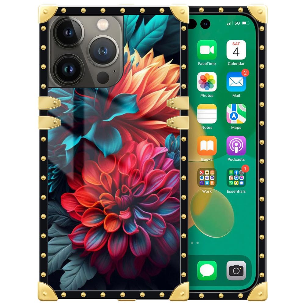 DAIZAG Compatible with iPhone 14 Pro Case,Bright Flowers Gold Retro Metal Corner Decoration Soft TPU Shockproof Cover