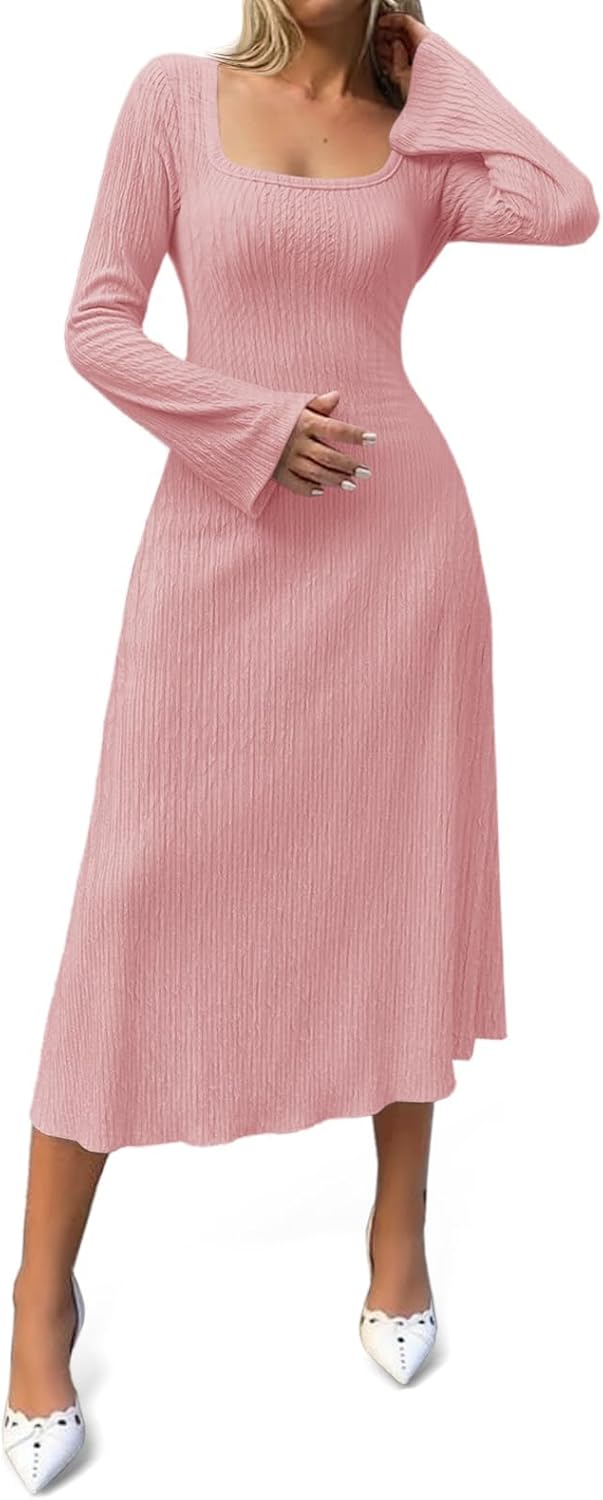 Cicy Bell Womens Sweater Dress Square Neck Maxi Dress Long Sleeve Tie Waist Fall Winter Wedding Guest Knit Midi Dresses