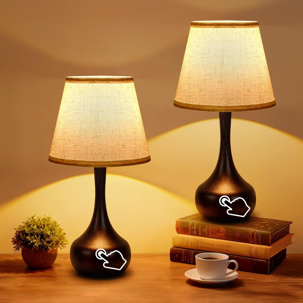 Touch Bedside Lamp Set of 2, 17" Farmhouse 3-Way Dimmable Table Lamp, Metal Nightstand Light with Linen Fabric Shade for Bedroom Living Room Office Dorm, Bulb Included, Black Gold