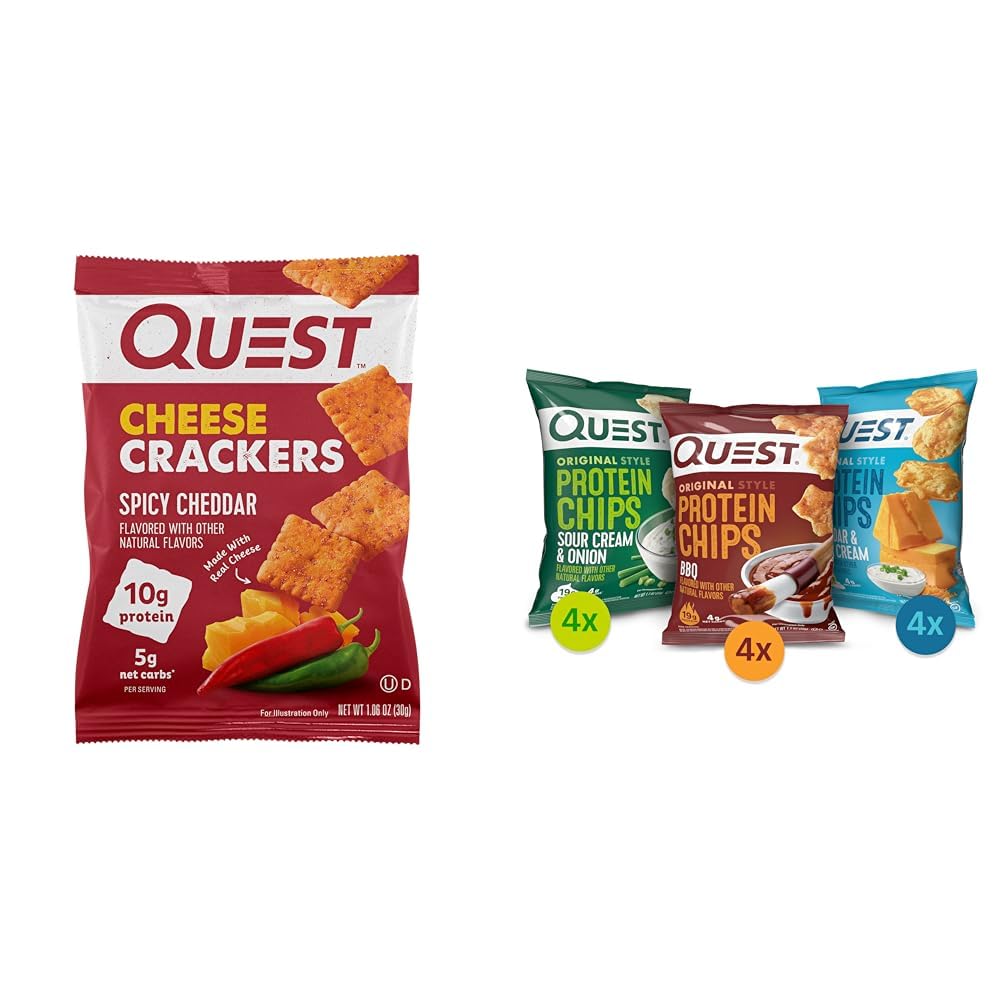 Quest Nutrition Cheese Crackers, Spicy Cheddar Blast, 10g of Protein & Protein Chips Variety Pack, (BBQ, Cheddar & Sour Cream, Sour Cream & Onion), High Protein, Low Carb, 1.1 Ounce (Pack of 12)