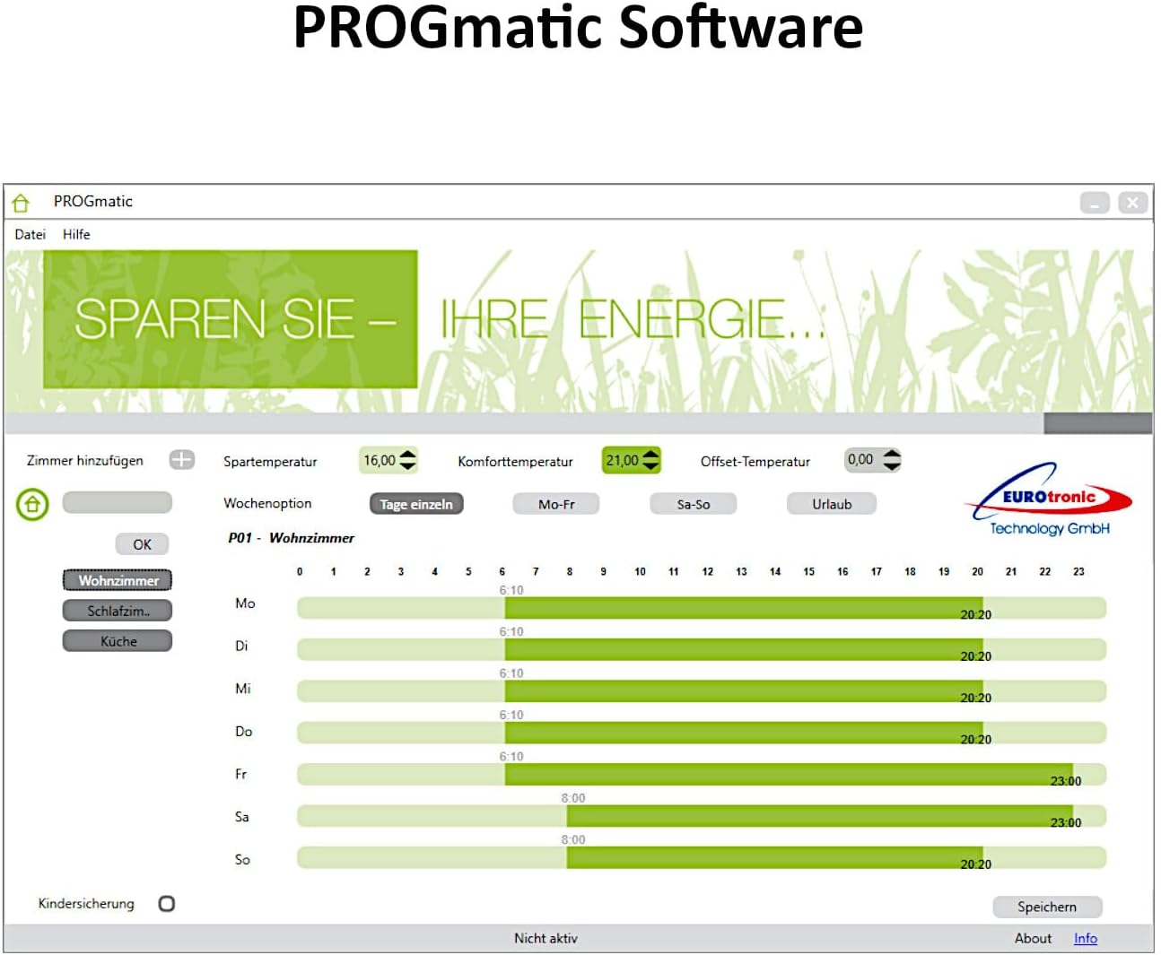 Screenshot of the PROGmatic software interface on a computer screen, showing heating schedule programming options