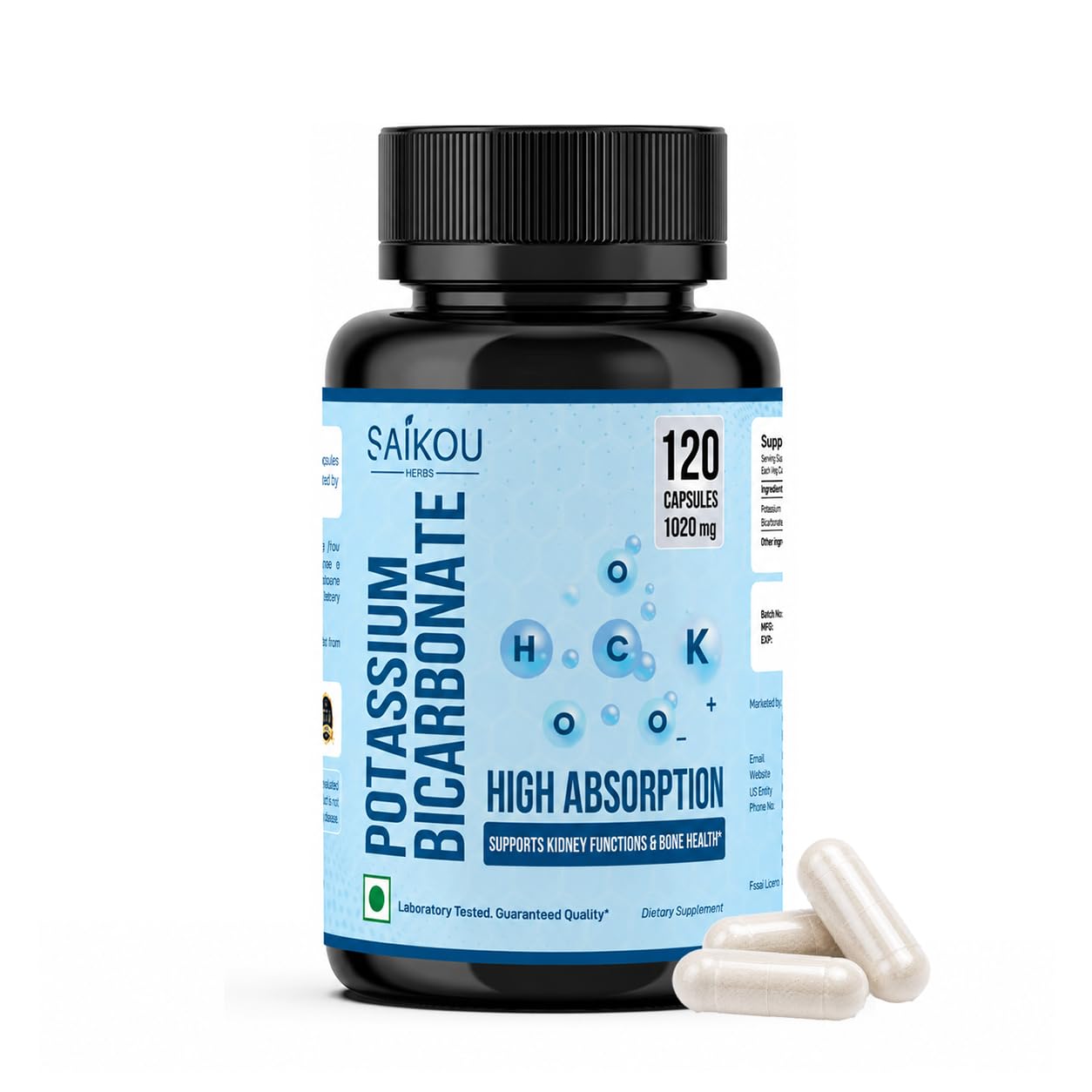 Potassium Supplement 1020mg High Absorption Potassium Bicarbonate- 120 Capsules Supports Electrolyte Balance, Kidney and Bone Health