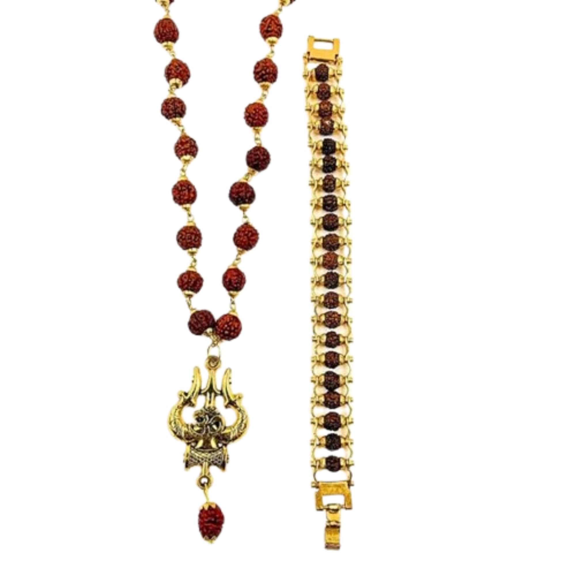 Divine Hindu Premium Gold-Plated | Om Shiva Trishool Necklace and Rudraksha Brown Bracelet | Natural Brown Rudraksha Beads | 5 Mukhi Original Rudraksha | Gold Plated Necklace | Bracelet Combo Pack (B0DCZMQLSB) Amazon Price History, Amazon Price Tracker