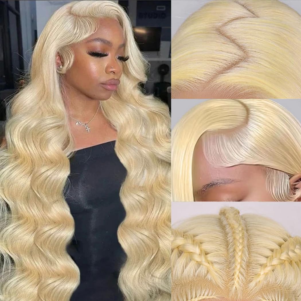 MARUOL 34 Inch 613 13x6 Lace Front Wig Human Hair Blonde Wig Body Wave HD Transparent Lace Frontal Wigs for Black Women 180% Density Glueless wigs Pre