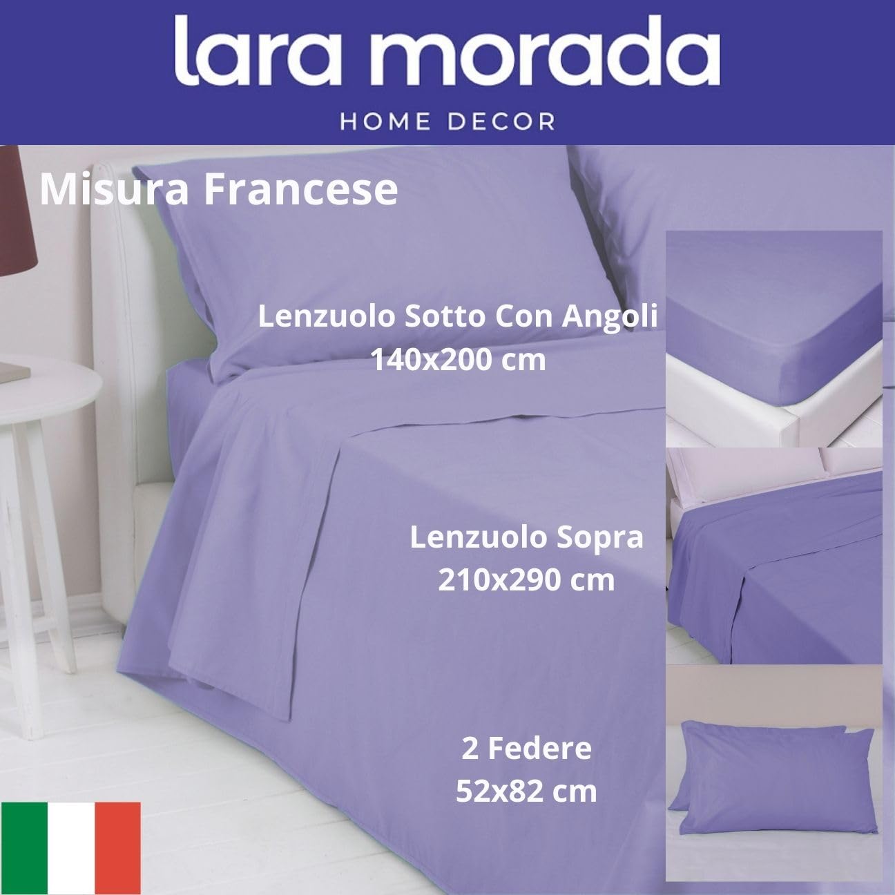LARA MORADA - Set Completo Lenzuola Una Piazza E Mezza, Misura Francese, 100% Cotone, Made in Italy, Tinta Unita, per Letto 1 Piazza E Mezza 140x200cm, Lilla