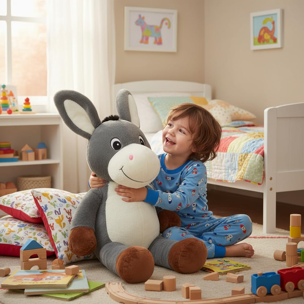 Grande Peluche Animale XXL + Cadeau Surprise à l’Intérieur – 50 à 120 cm – Panda, Lama, Ours, Lapin, Dinosaure, Chien, Peluche Géante Ultra Douce – Idée Cadeaux (Ane 60 cm)