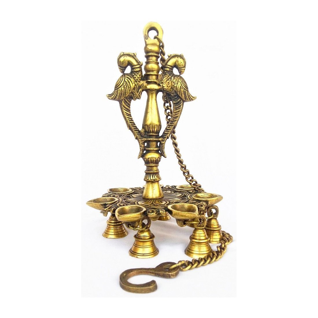 Artvarko Brass Handmade Double Peacock Design 7 Oil Wick Hanging Diya Chain with Bells for Home Decor, Temple Showpiece.