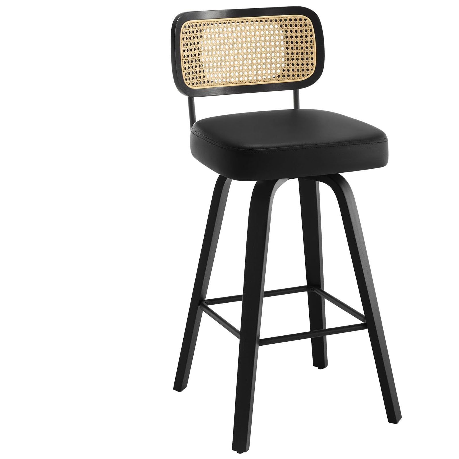 Bekrvio Swivel Bar Height Stools, Upholstered Faux Leather Barstools with Rattan Back, 29" Seat Height Tall Bar Stools for Kitchen Counter, Bar Chairs