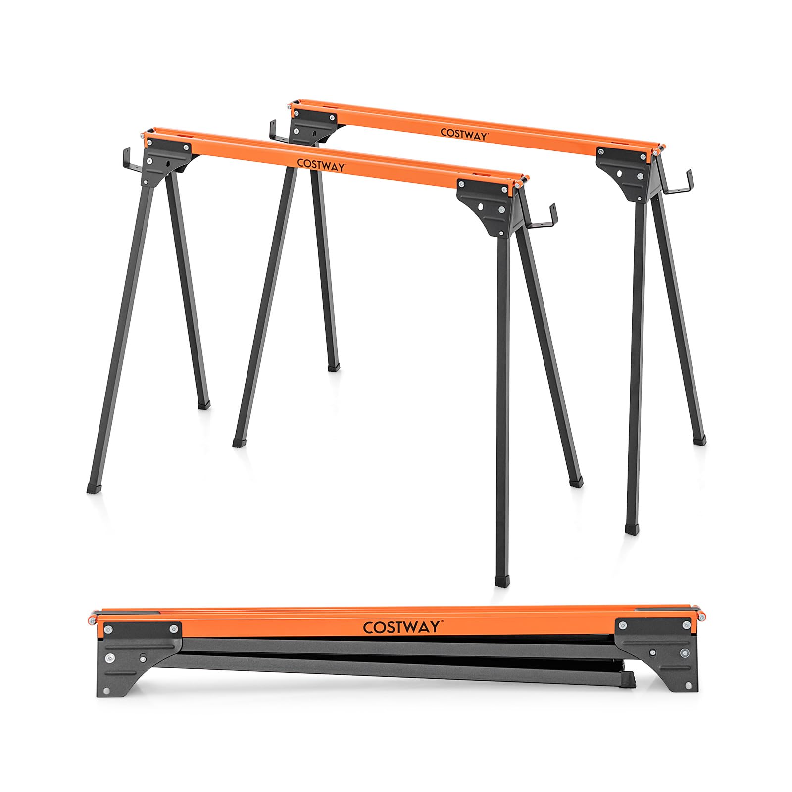 COSTWAY 2 Caballetes de Sierra de Metal, Carga Máxima de 500 Kg, Patas de Apertura Rápida y 2 x 4 Brazos de Soporte, Paquete Doble de Caballete Portátil para Carpintería (96,5 x 47 x 76 cm)