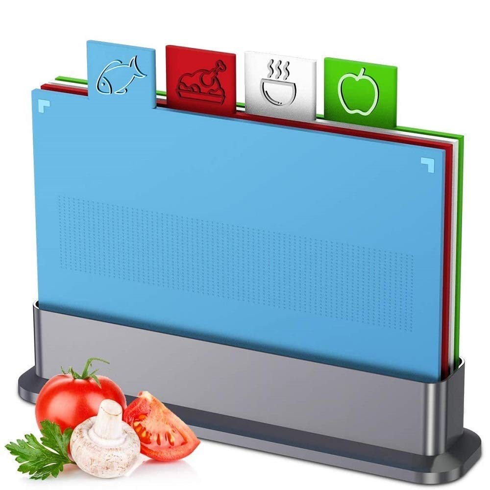 Set Tagliere per Supporto da Cucina, Tagliere Piccolo con Manico Easy-Grip Senza BPA, taglieri Spessi con scolapiatti e Icone per Alimenti, Lavabile in lavastoviglie