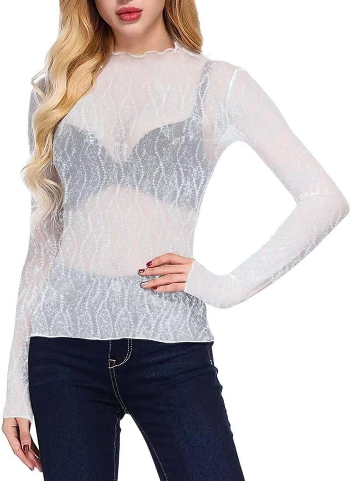Women's Long Sleeve Mesh Tops See Through Sheer Tee Shirts Mock Neck Floral Embroidery Tops for Layering