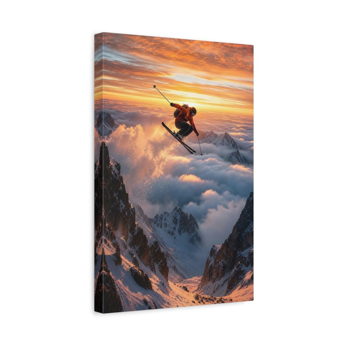Nature Mountain Skier Orange Sky Canvas Wall Art Print – Living Room Decor 12×18 inch (30×45 cm) - Vertical / 1.25 inch (3 cm)