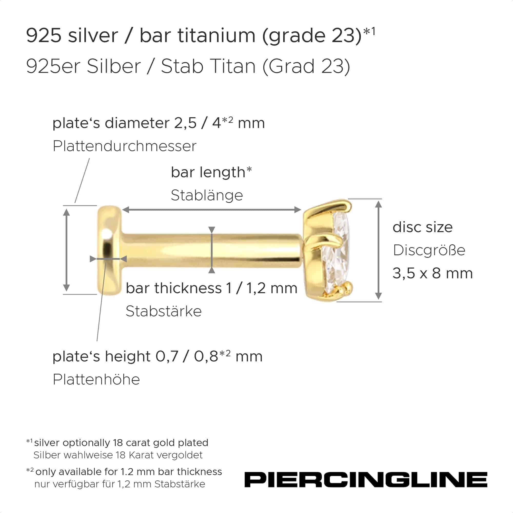 PIERCINGLINE Piercing Stecker Titan Labret mit Innengewinde + 925er Silber Aufsatz MOISSANIT-BOGEN - Goldfarben, Silberfarben