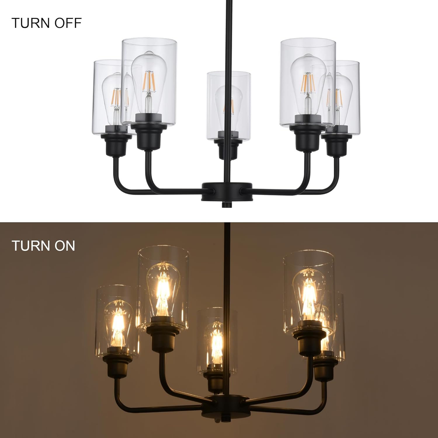 5-Light Modern Black Chandelier with Clear Glass Shades, E26 Base Farmhouse Pendant Light Fixture, Adjustable Swivel Heads Ceiling Lighting, Industrial Chandelier for Dining Room Kitchen Hallway