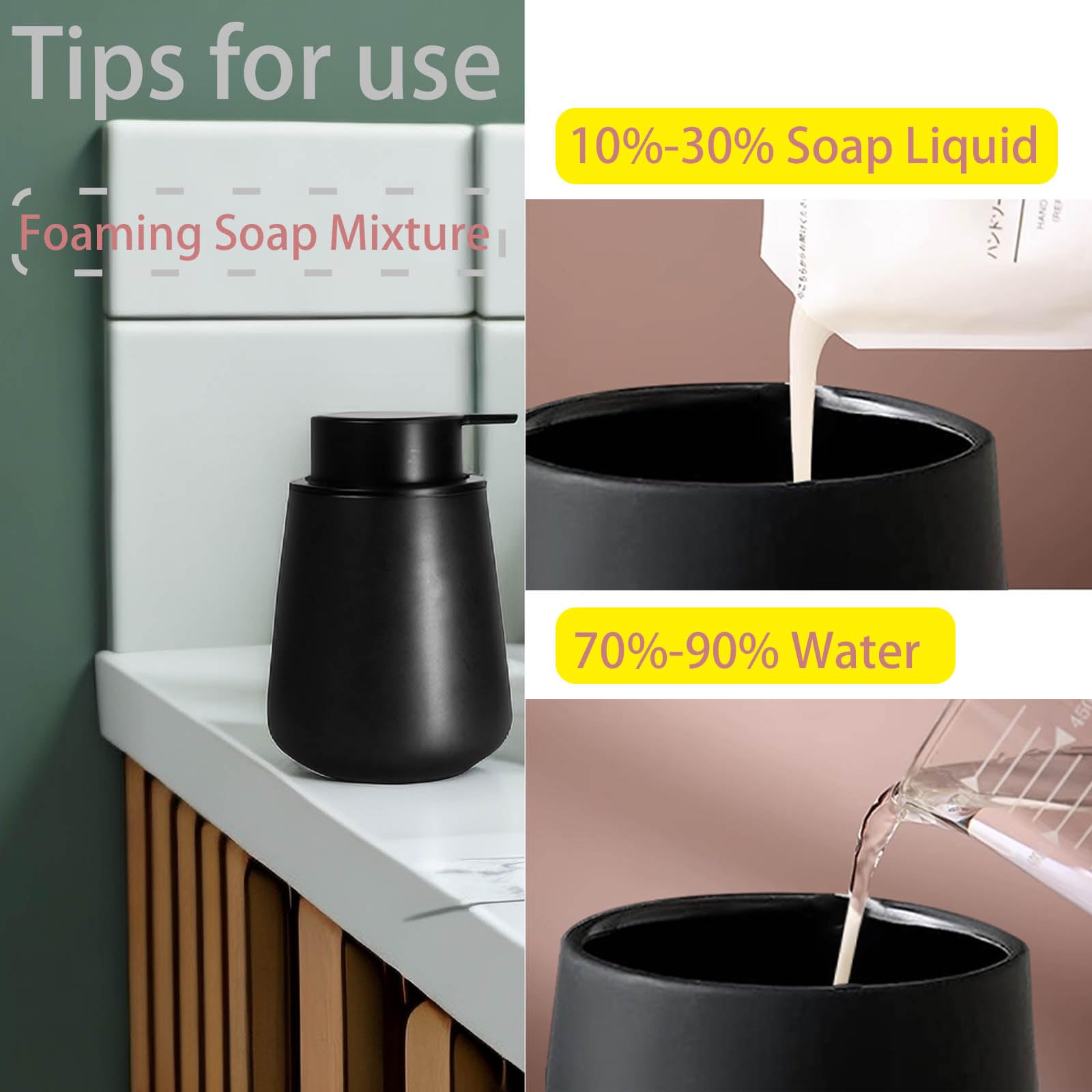 Distributeur De Savon En Céramique 340 Ml - Pompe à Mousse Grande Tête - Pour Salle De Bain Et Cuisine, Noir