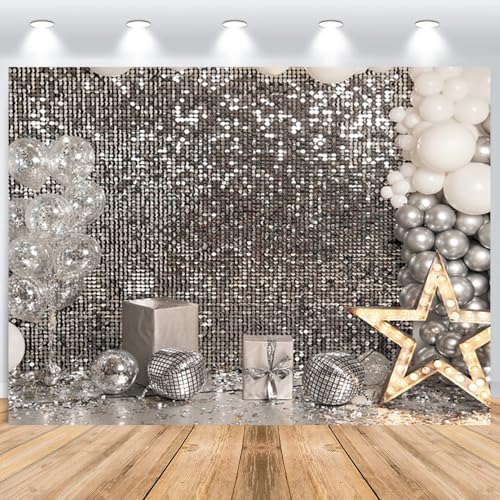 ASDCXZ Telón de Fondo de Fiesta Disco Plata 2.2x1.5m, Imprimir Globo Plateado Estrellas Vinilo Fotografía de Fondo para Boda Cumpleaños Año Nuevo Discoteca Fiesta Decoración Accesorios de Estudio