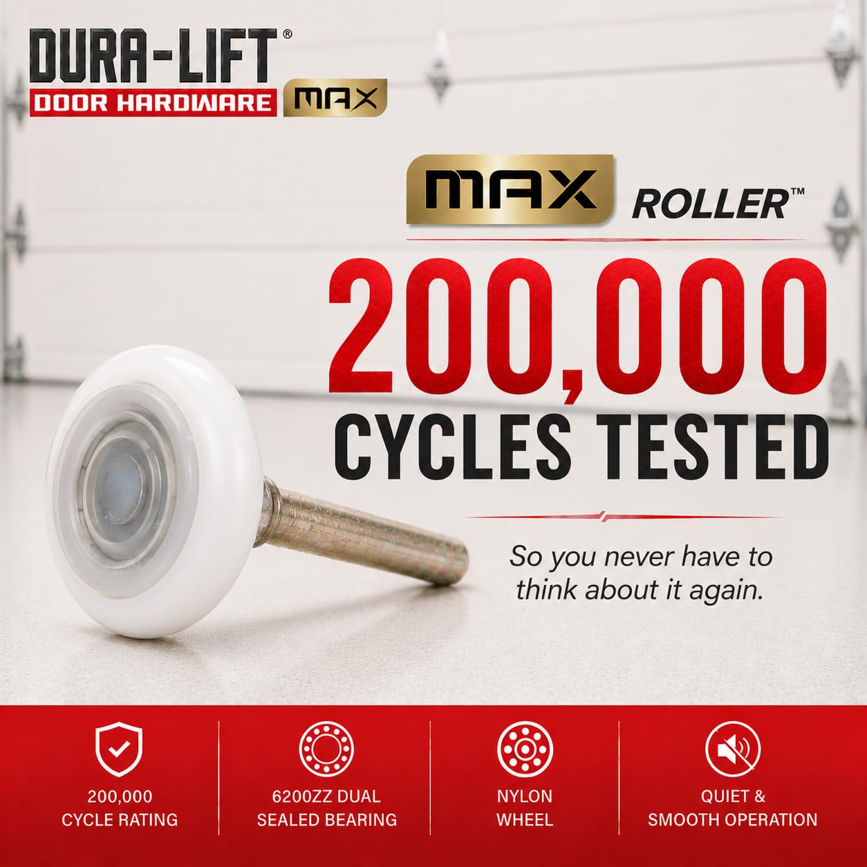 DURA-LIFT Ultra-Life MAX Rodillo de puerta de garaje de nailon sellado de 2 pulgadas 6200ZZ, vástago de 4 pulgadas, paquete de 10