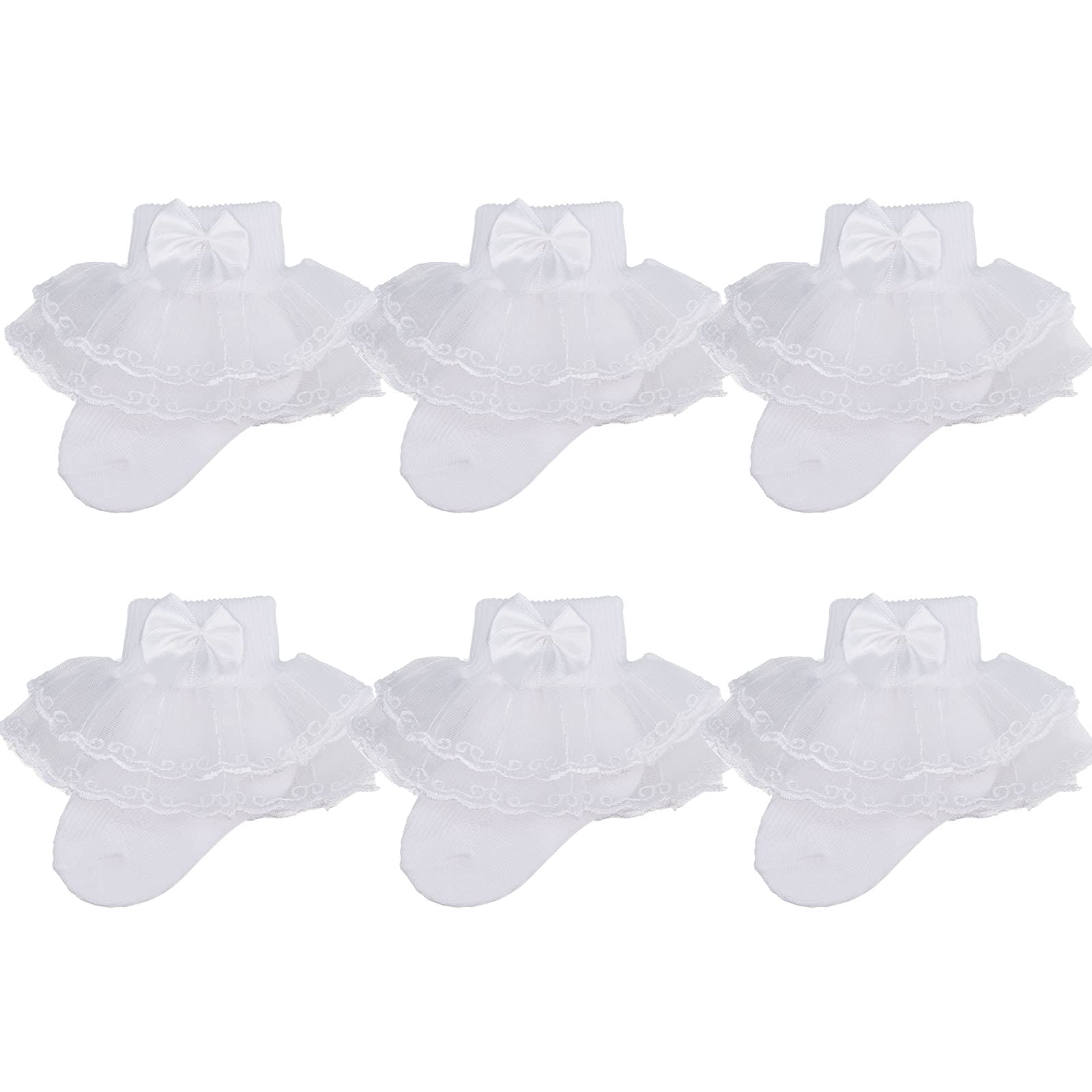 Looching Baby Girls Eyelet Frilly Lace Ruffle Socks With Bows Cotton Ankle Princess Dress Socks 0-3T Newborn Infant Toddler