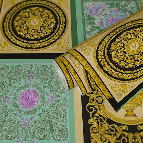 A.S. Création Versace Wallpaper Baroque Luxury Wallpaper Floral 387041 Mint Green Purple Black Gold Logo Medusa 10.05 x 0.70 m Made in Germany - Image 2