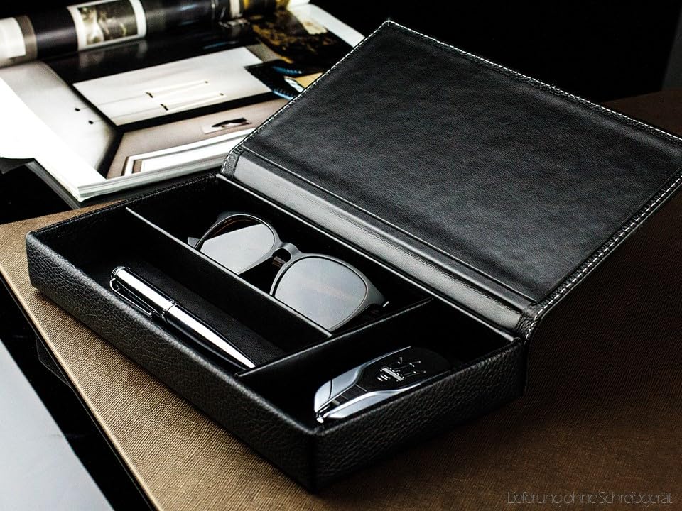DELMON VARONE - Personalisierbarer Ablagekasten mit Deckel aus Premium Leder Soft Grain schwarz, Schreibtischschale für Kugelschreiber, Füller & Schreibutensilien, Echtleder Stifteetui mit 3 Fächer